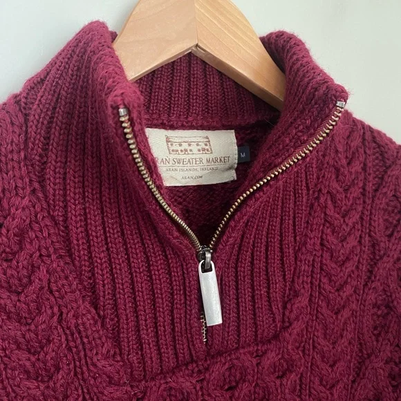 ‎‎Aran Crafts Merino‎ Wo‎ol Cable Knit Aran Sweater Troyer Claret Size Medium - Picture 9 of 11